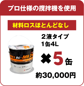 プロ仕様の撹拌機を使用。材料ロスほとんどなし２液タイプ1缶4L5缶。約30,000円