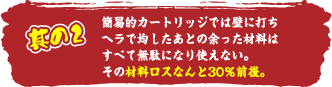 簡易的カートリッジでは壁に打ちヘラで均したあとの余った材料はすべて無駄になり使えない。その材料ロスなんと30％前後。